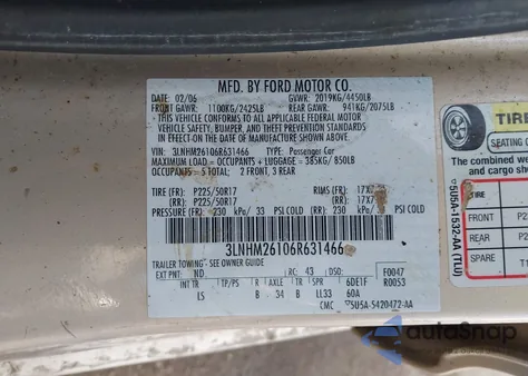 2006 Lincoln Zephyr from USA, damaged, VIN 3LNHM26106R631466